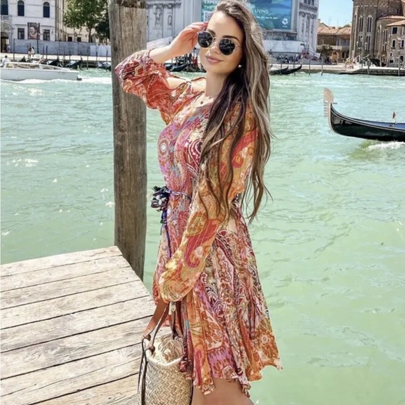 Zara boho printed viral blogger summer long sleeve mini dress - Picture 2 of 14